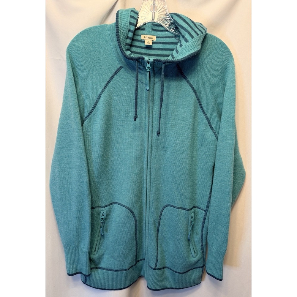 L.L. Bean Women's Large 100% Wool Full Zip Classic Hoodie Sweater Turquoise